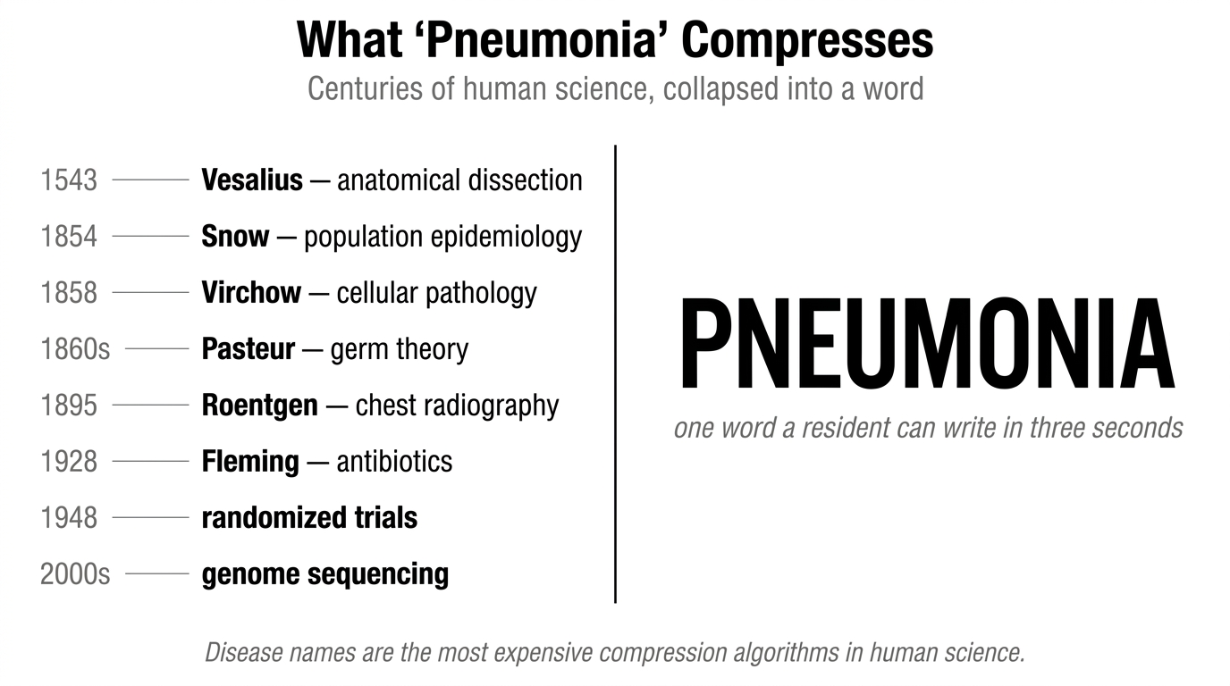 What Pneumonia Compresses: a timeline of medical milestones (Vesalius 1543, Snow 1854, Virchow 1858, Pasteur 1860s, Roentgen 1895, Fleming 1928, randomized trials 1948, genome sequencing 2000s) converging onto the single word PNEUMONIA.