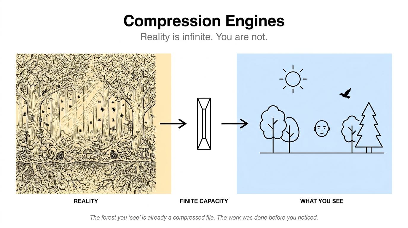 Three-panel infographic. Left panel labeled REALITY, an intricate forest with dense leaves, bark, roots, and insects. Center labeled FINITE CAPACITY, a narrow vertical aperture between two arrows. Right panel labeled WHAT YOU SEE, a sparse version of the same forest with simplified tree shapes, a bird, a sun, and a face icon.